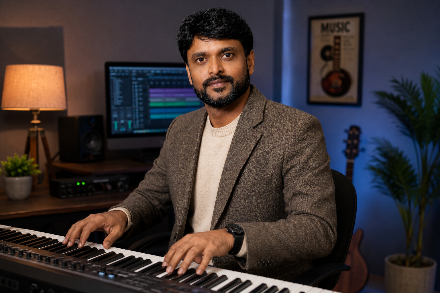 Dr. Parameswara P playing a piano keyboard in a music studio